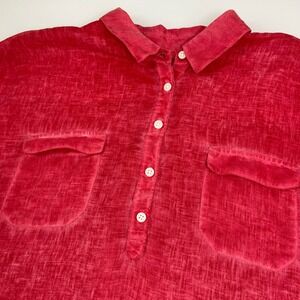 Tommy Bahama Women L Red 100% Linen Henley Shirt Short Sleeve Pocket Lightweight